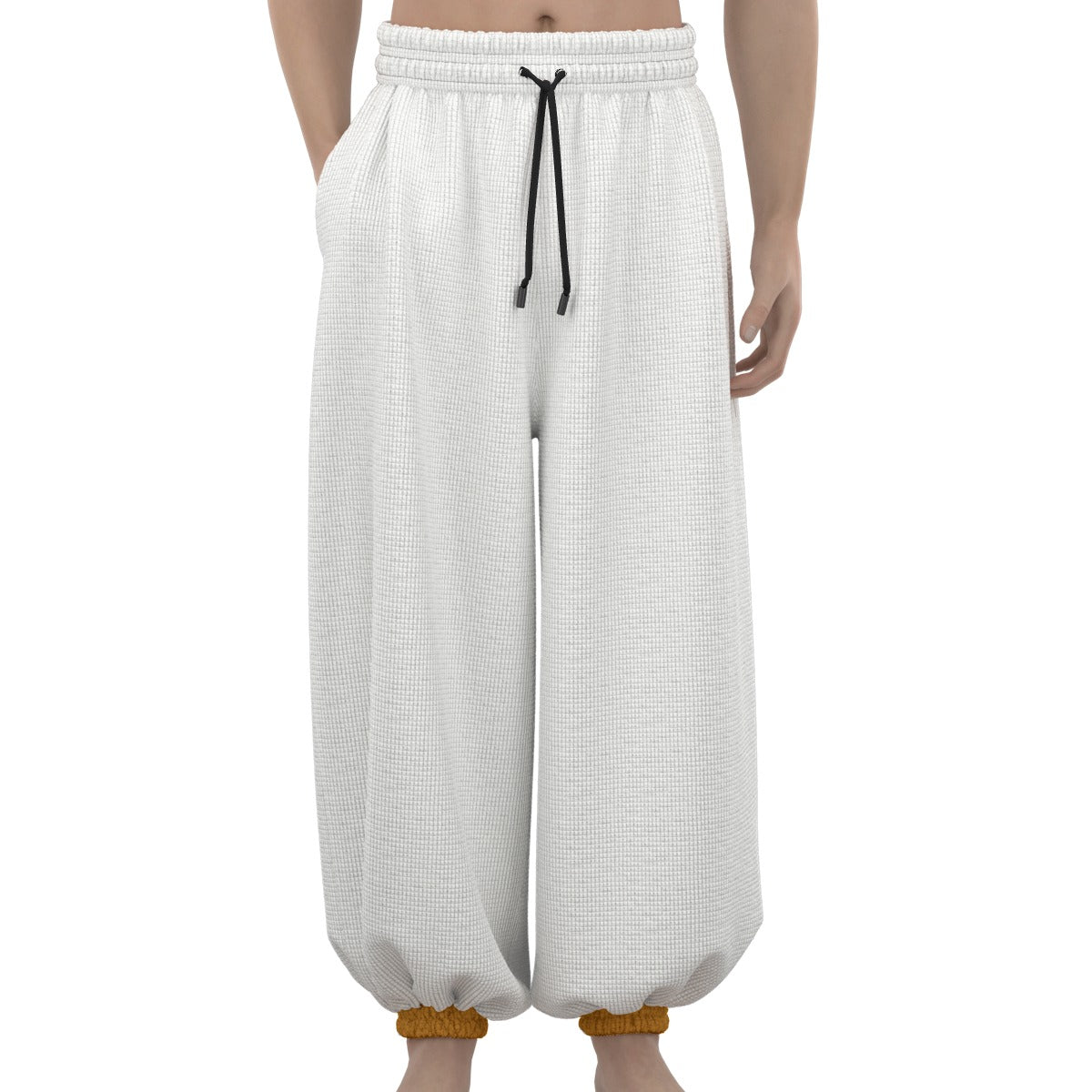 Mmogeng White Baggy Lantern Pants with Orange Cuffs | Soft Poly Waffle Fabric | Warm & Stylish