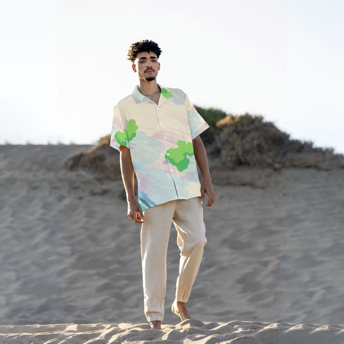 Mmogeng Cloudy Greens Hawaiian Shirt - Lightweight Stretch Fabric, Breathable Short Sleeve Button Down