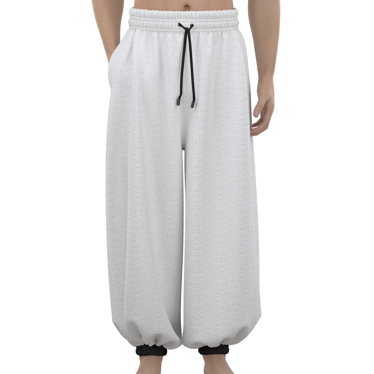 Mmogeng White Baggy Lantern Pants with Black Cuffs for Casual Comfort