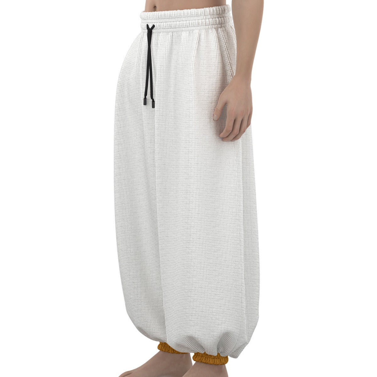 Mmogeng White Baggy Lantern Pants with Orange Cuffs | Soft Poly Waffle Fabric | Warm & Stylish