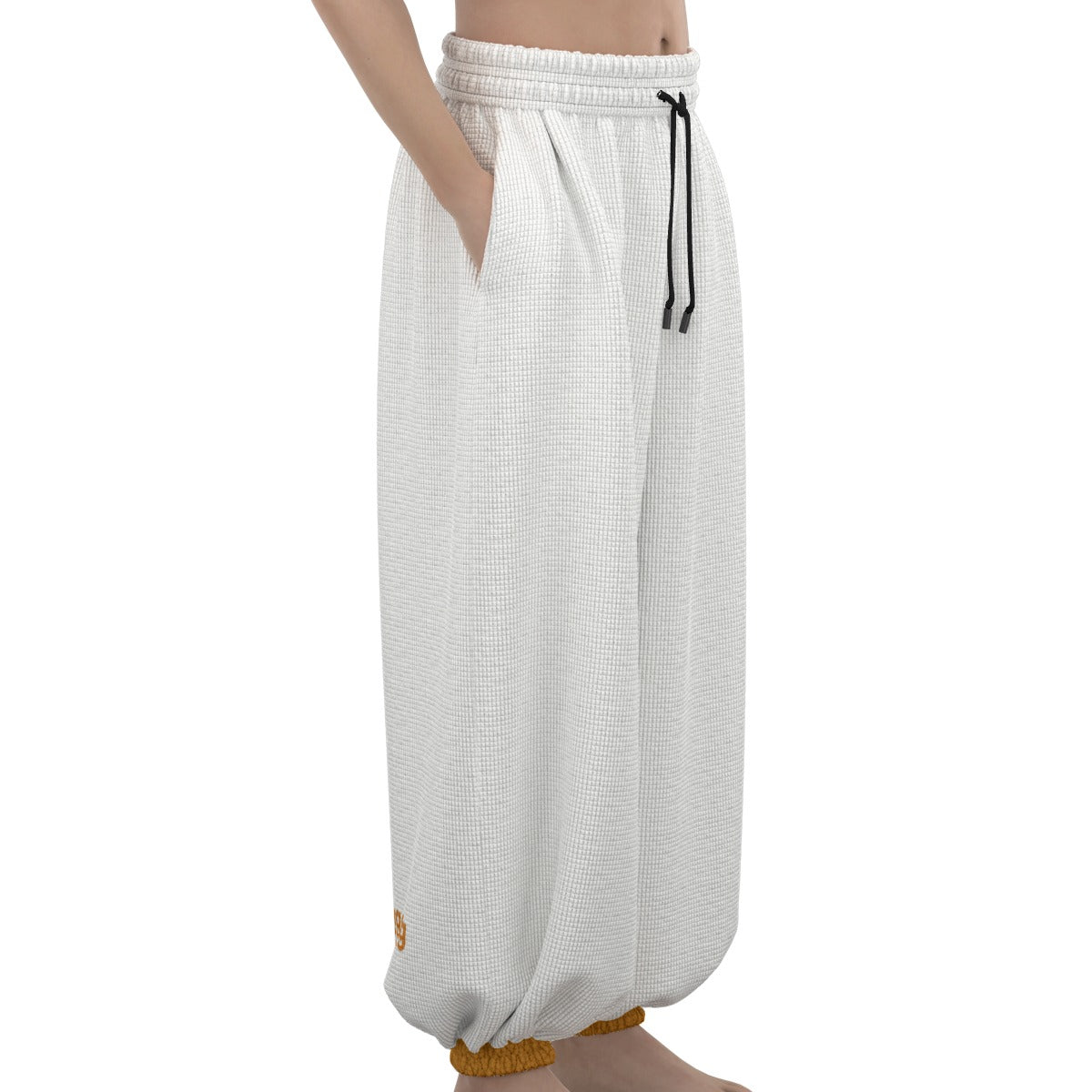 Mmogeng White Baggy Lantern Pants with Orange Cuffs | Soft Poly Waffle Fabric | Warm & Stylish
