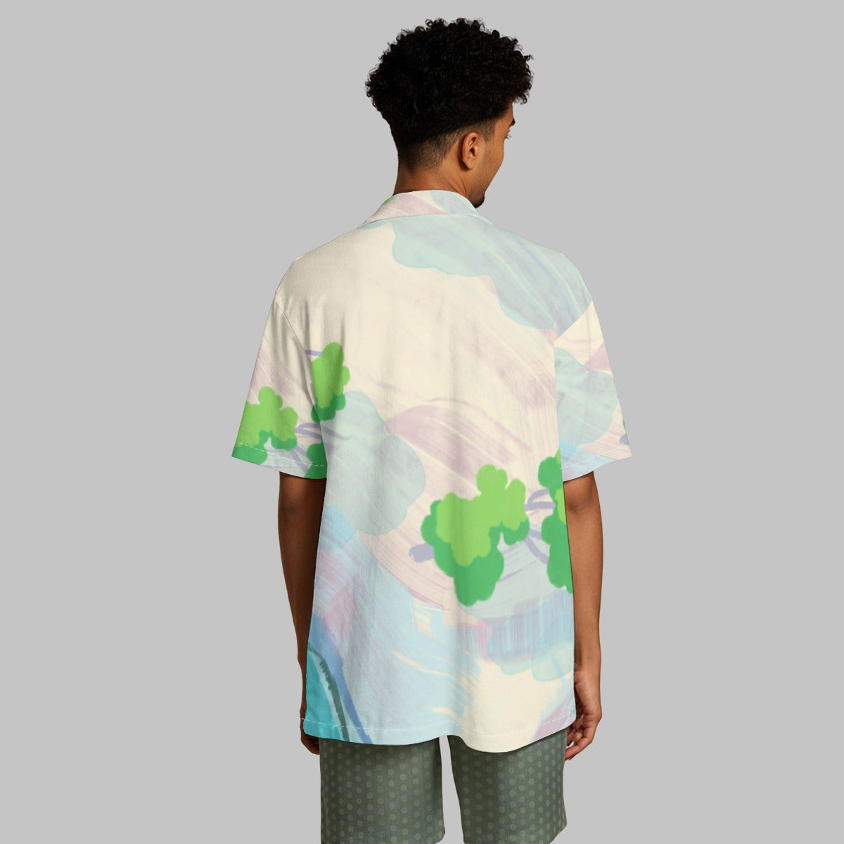 Mmogeng Cloudy Greens Hawaiian Shirt - Lightweight Stretch Fabric, Breathable Short Sleeve Button Down