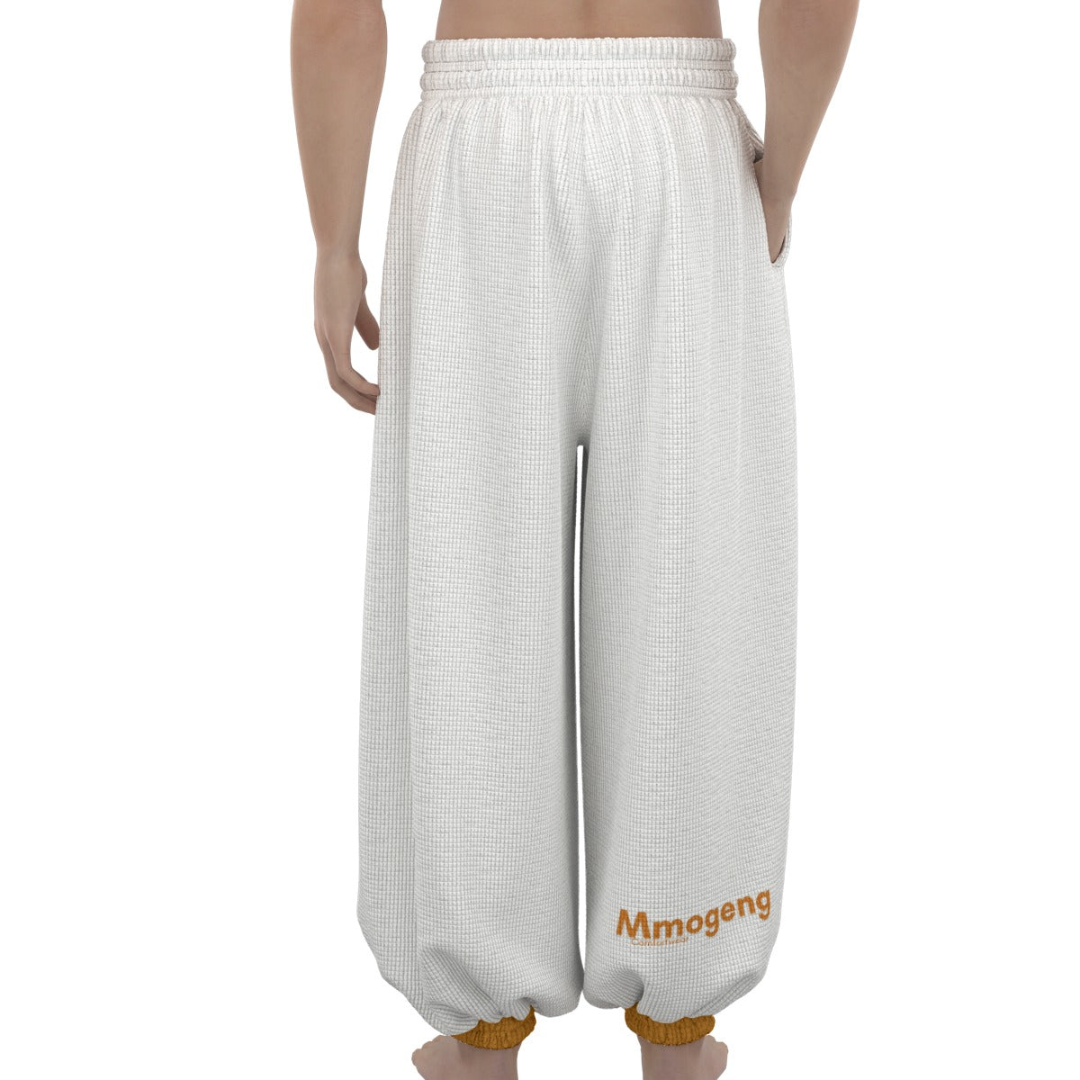 Mmogeng White Baggy Lantern Pants with Orange Cuffs | Soft Poly Waffle Fabric | Warm & Stylish
