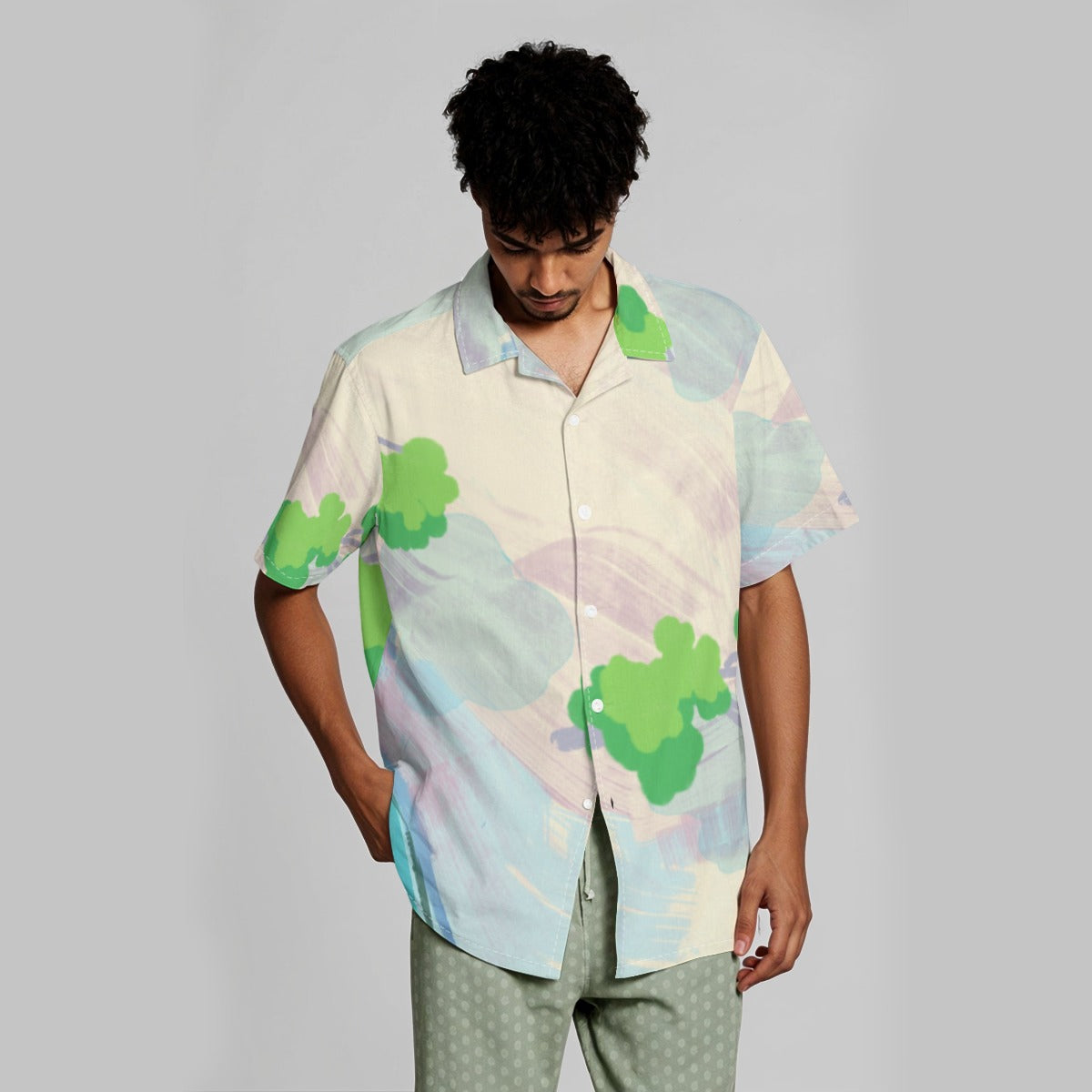 Mmogeng Cloudy Greens Hawaiian Shirt - Lightweight Stretch Fabric, Breathable Short Sleeve Button Down