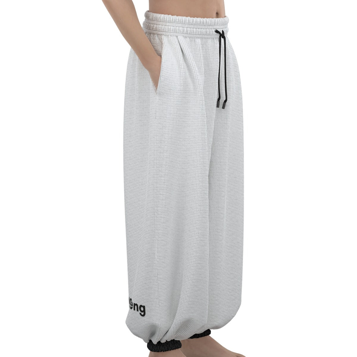 Mmogeng White Baggy Lantern Pants with Black Cuffs for Casual Comfort